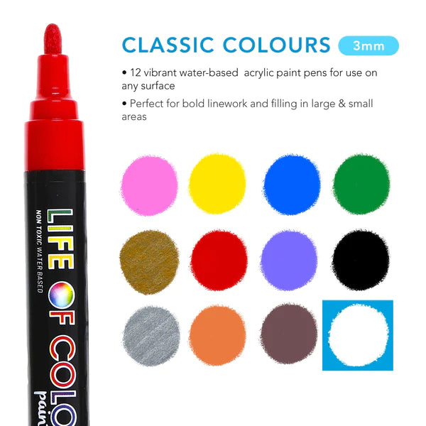Life of Colour - 3mm Medium Tip Acrylic Paint Pens - Set of 12 - Class ...