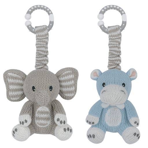 Cotton Knit Stroller Toys - Elephant & Hippo 2 pk