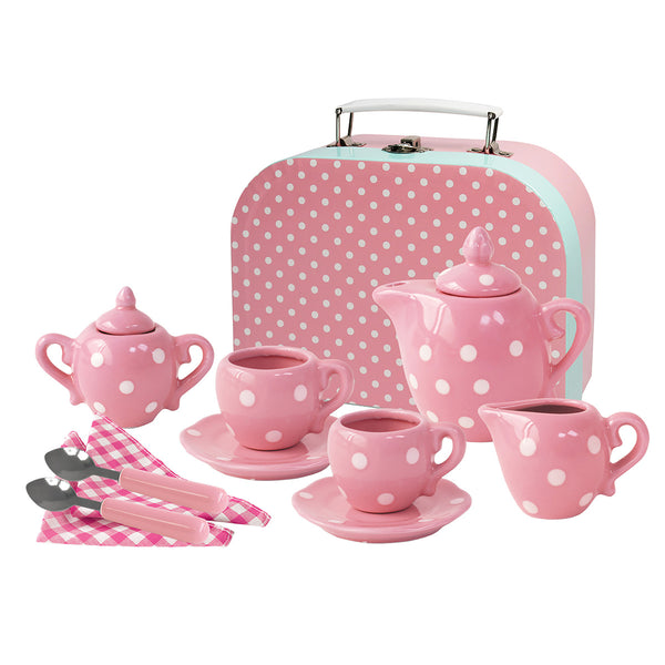 13 Pc Pink Polka Dot Porcelain Tea Set