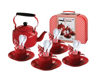 22pc Red Tin Tea Set with 'Old Style' Kettle