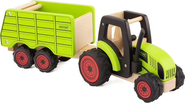 PinToy - Wooden Farm Tractor with Trailer