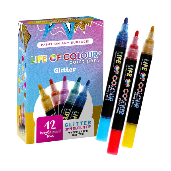 Life of Colour - 3mm Medium Tip Acrylic Paint Pens - Set of 12 - Glitter
