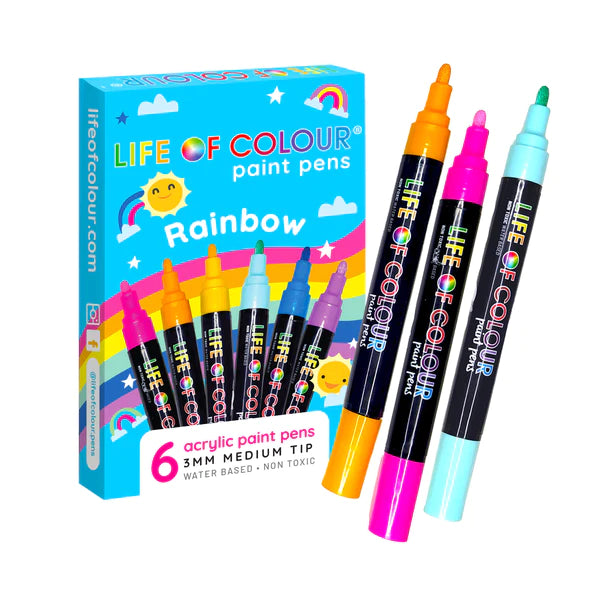 Life of Colour - 3mm Medium Tip Acrylic Paint Pens - Set of 6 - Rainbow Colours