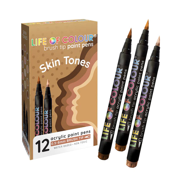 Life of Colour - Brush Tip Acrylic Paint Pens - Set of 12 - Skin Tones