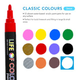 Life of Colour - 3mm Medium Tip Acrylic Paint Pens - Set of 12 - Classic Colours