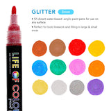 Life of Colour - 3mm Medium Tip Acrylic Paint Pens - Set of 12 - Glitter