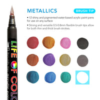 Life of Colour - Brush Tip Acrylic Paint Pens - Set of 12 - Metallic